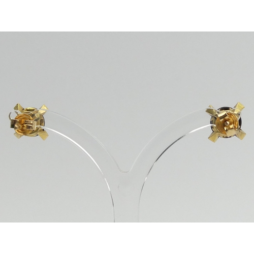 28 - A pair of gold banded agate and diamond earrings, 
2.4 grams, 9mm long.  UK Postage £12.