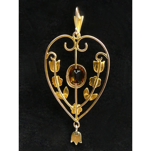 31 - 9ct gold citrine and seed pearl pendant, 2.8 grams,
48mm long.  UK Postage £12.