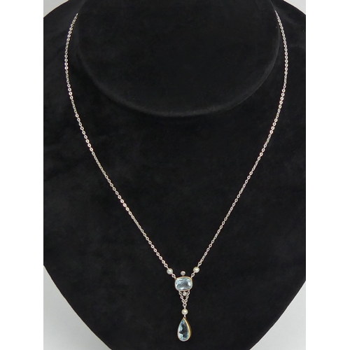 32 - 14ct white and yellow gold aquamarine, diamond and seed pearl necklace, 3 grams, 42cm long,  UK Post... 
