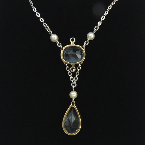 32 - 14ct white and yellow gold aquamarine, diamond and seed pearl necklace, 3 grams, 42cm long,  UK Post... 