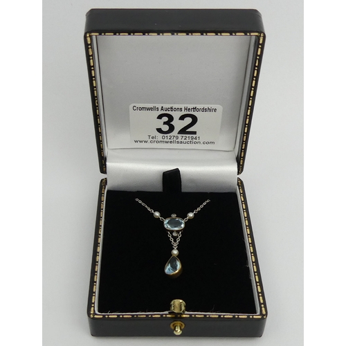 32 - 14ct white and yellow gold aquamarine, diamond and seed pearl necklace, 3 grams, 42cm long,  UK Post... 