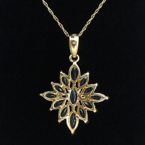 33 - 9ct gold neon apatite cluster pendant and chain, 2.2 grams, 
chain 45cm long, pendant 27mm long.  UK... 