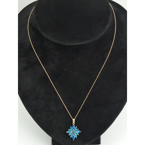 33 - 9ct gold neon apatite cluster pendant and chain, 2.2 grams, 
chain 45cm long, pendant 27mm long.  UK... 