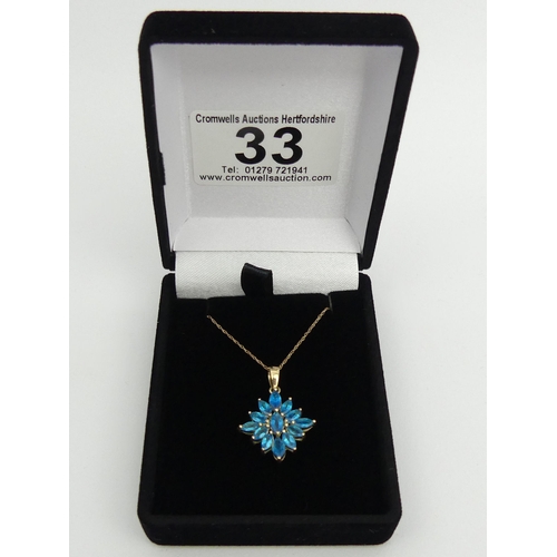33 - 9ct gold neon apatite cluster pendant and chain, 2.2 grams, 
chain 45cm long, pendant 27mm long.  UK... 