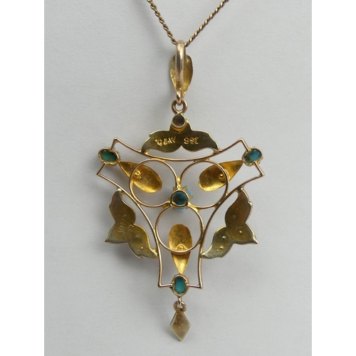 35 - 9ct gold, turquoise and seed pearl pendant and chain, 
4.3 grams, chain 51cm pendant 49mm.  UK Posta... 