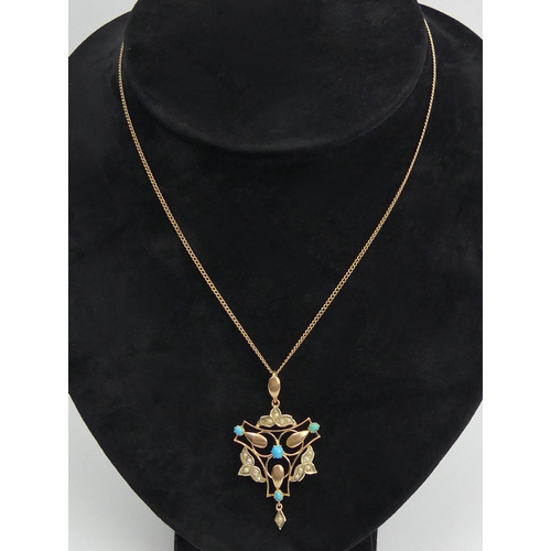 35 - 9ct gold, turquoise and seed pearl pendant and chain, 
4.3 grams, chain 51cm pendant 49mm.  UK Posta... 