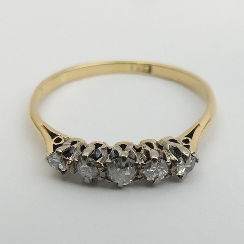 37 - 18ct gold, five stone diamond ring, 2.2 grams, Size U
4mm wide.  UK Postage £12.