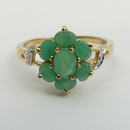 42 - 9ct gold emerald and diamond ring, 3 grams, Size R,          
13.2mm wide, UK Postage £12.