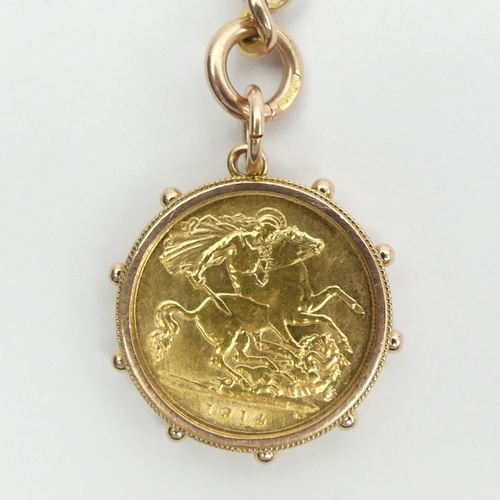 52 - 9ct rose gold Albert, graduated curb link chain and 1914 half sovereign fob, 44.6 grams, 
UK Postage... 