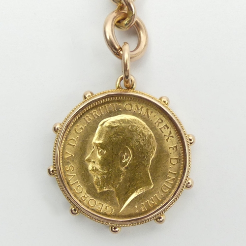 52 - 9ct rose gold Albert, graduated curb link chain and 1914 half sovereign fob, 44.6 grams, 
UK Postage... 
