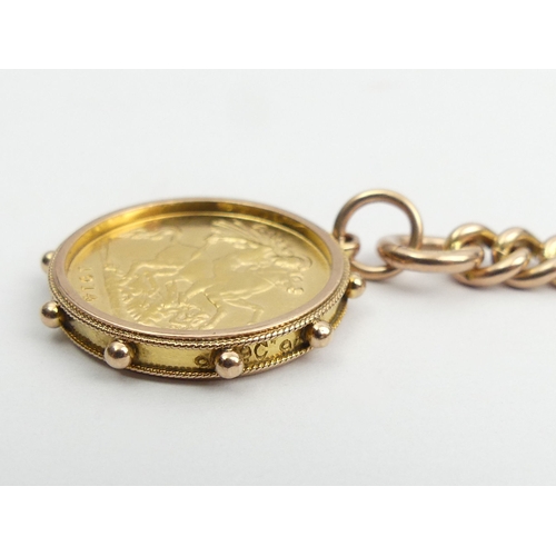52 - 9ct rose gold Albert, graduated curb link chain and 1914 half sovereign fob, 44.6 grams, 
UK Postage... 