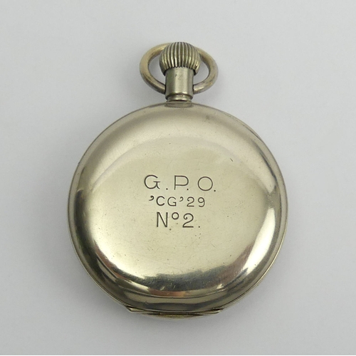 81 - G.P.O No 2 Nickel cased pocket stop watch. 69 x 48mm,  UK Postage £12. Condition Report: In working ... 