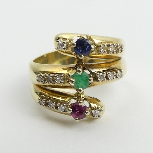 10A - 14ct gold, ruby, emerald, sapphire and diamond ring, 6.5 grams, 15.7mm, Size O, UK Postage £12.