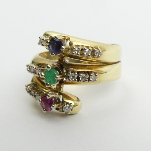 10A - 14ct gold, ruby, emerald, sapphire and diamond ring, 6.5 grams, 15.7mm, Size O, UK Postage £12.