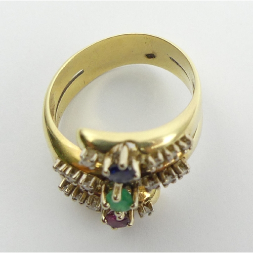 10A - 14ct gold, ruby, emerald, sapphire and diamond ring, 6.5 grams, 15.7mm, Size O, UK Postage £12.