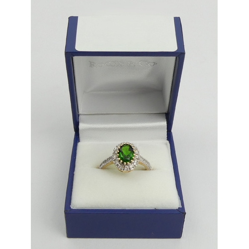 13 - 9ct gold chrome diopside and diamond ring, 
3.2 grams, 12.1mm wide, Size O. 
UK Postage £12