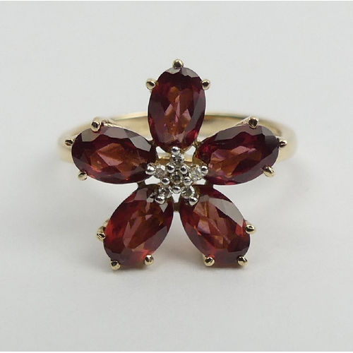 17 - 9ct gold rhodolite and diamond flower design ring, 2.6 grams, 14.5mm wide, Size N1/2    UK Postage £... 