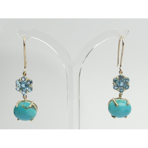 18 - A pair of 9ct gold blue topaz and turquoise drop earrings, 5.2 grams, 40mm long 
12mm wide. UK Posta... 