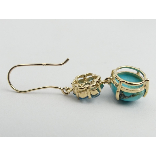 18 - A pair of 9ct gold blue topaz and turquoise drop earrings, 5.2 grams, 40mm long 
12mm wide. UK Posta... 