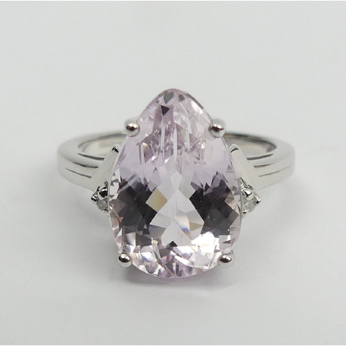 19 - 9ct white gold pear shape pink quartz and diamond ring, 5.2 grams, 13mm wide, Size N. UK Postage £12