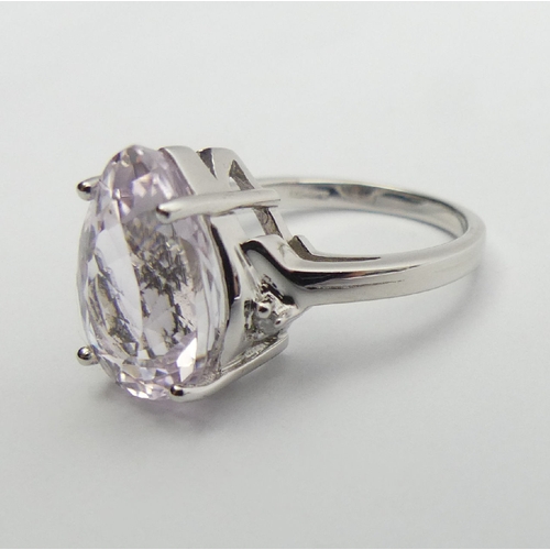 19 - 9ct white gold pear shape pink quartz and diamond ring, 5.2 grams, 13mm wide, Size N. UK Postage £12