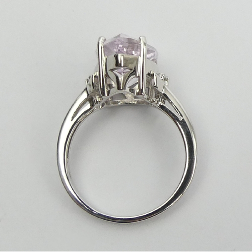 19 - 9ct white gold pear shape pink quartz and diamond ring, 5.2 grams, 13mm wide, Size N. UK Postage £12