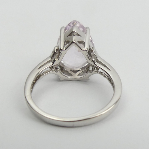 19 - 9ct white gold pear shape pink quartz and diamond ring, 5.2 grams, 13mm wide, Size N. UK Postage £12