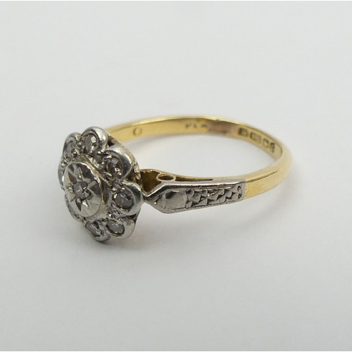 5 - 18ct gold diamond daisy design ring, 2.5 grams 9.2mm. Size I. UK Postage £12