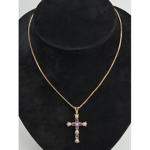 26 - 9ct gold amethyst and white stone cross pendant and chain, 6 grams, cross 4cm. UK Postage £12.