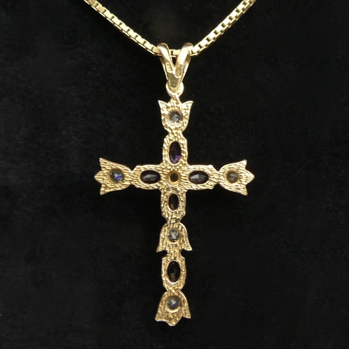 26 - 9ct gold amethyst and white stone cross pendant and chain, 6 grams, cross 4cm. UK Postage £12.