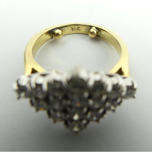 46 - 18ct gold diamond (approx 1ct) cluster ring, 7.5 grams, 13.6mm, Size K1/2 with reducers. UK Postage ... 