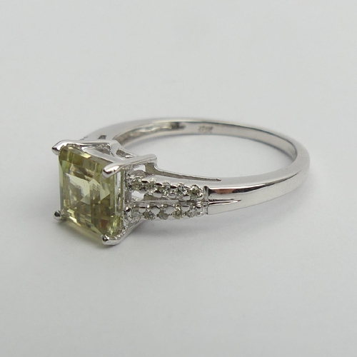 47 - 18ct white gold, square cut, zultanite and diamond ring, 2.8grams, 7.3mm, Size N1/2. UK Postage £12.