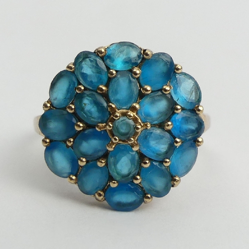 49 - 9ct gold neon apatite cluster ring, 3.4 grams, 16.7mm, Size N1/2. UK Postage £12.