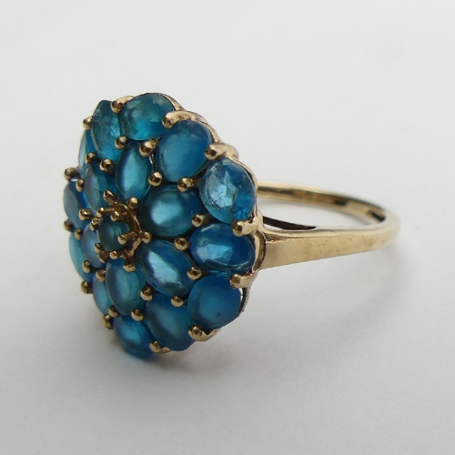 49 - 9ct gold neon apatite cluster ring, 3.4 grams, 16.7mm, Size N1/2. UK Postage £12.