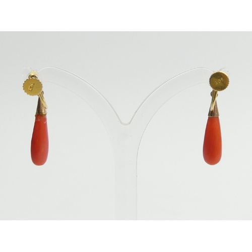 55 - A pair of 9ct gold coral drop earrings, 1.8 grams, 25mm long. UK Postage £12.