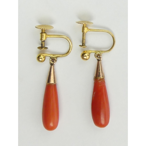 55 - A pair of 9ct gold coral drop earrings, 1.8 grams, 25mm long. UK Postage £12.