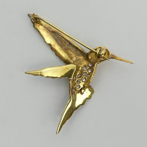 56 - 18ct gold diamond and enamel Humming Bird design brooch, 7.1 grams, 45mm long. UK Postage £12.