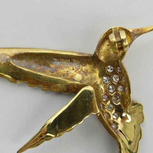 56 - 18ct gold diamond and enamel Humming Bird design brooch, 7.1 grams, 45mm long. UK Postage £12.