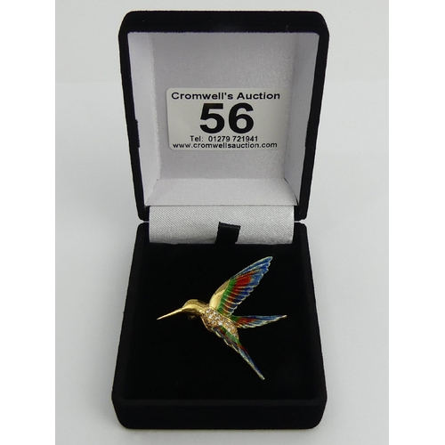 56 - 18ct gold diamond and enamel Humming Bird design brooch, 7.1 grams, 45mm long. UK Postage £12.