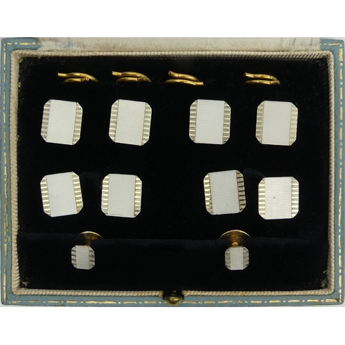 61 - Art Deco 9ct & 18ct white and yellow gold cufflinks and studs, 12 grams, 11.1mm square.  UK Postage ... 