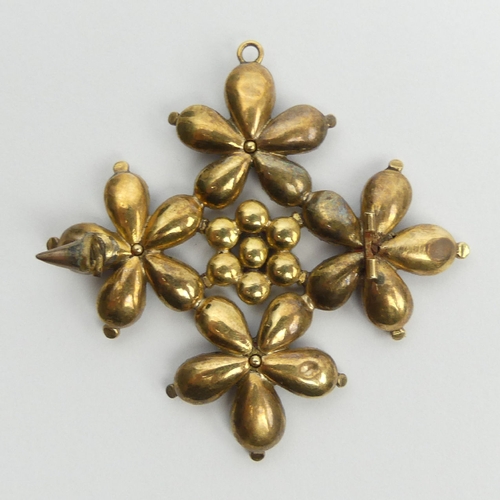 66 - 19th Century foil backed 15ct gold (tested) floral design brooch, 11.1 grams, 52mm. UK Postage £12.