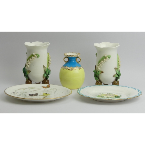 202 - A pair of Minton Lily of the Valley vases, a turquoise and lemon example and two hand painted Minton... 