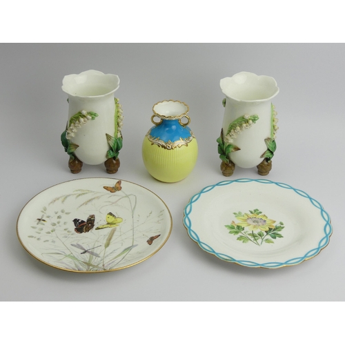 202 - A pair of Minton Lily of the Valley vases, a turquoise and lemon example and two hand painted Minton... 