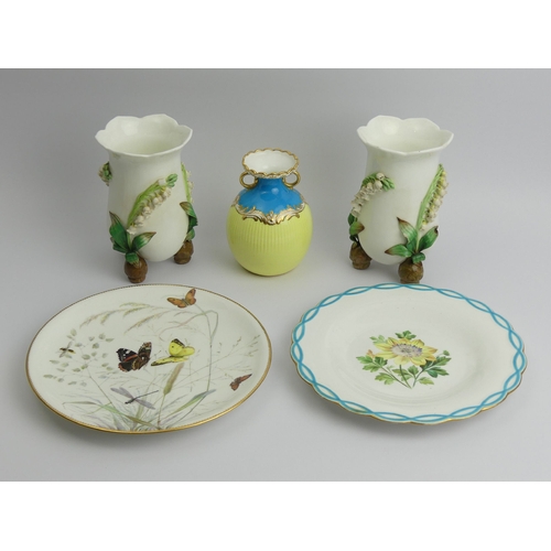 202 - A pair of Minton Lily of the Valley vases, a turquoise and lemon example and two hand painted Minton... 