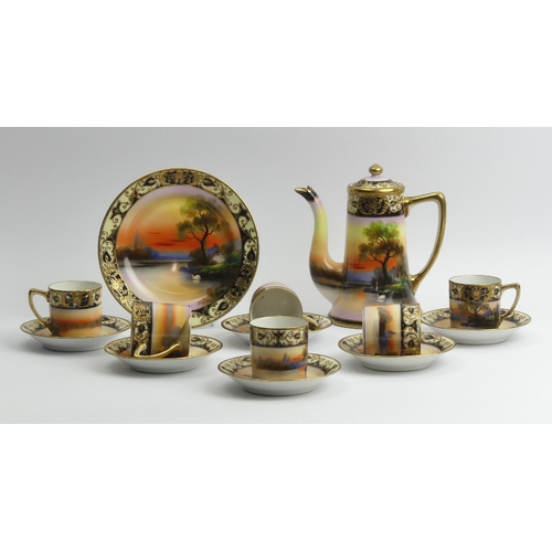 203 - Noritake hand painted porcelain coffee pot six cups and saucers and a side plate, Pot 17cm tall. UK ... 