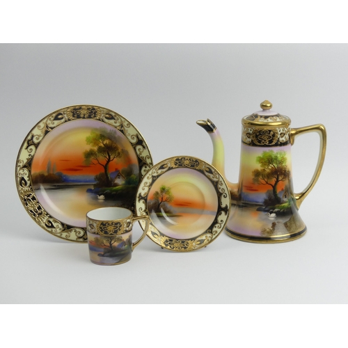 203 - Noritake hand painted porcelain coffee pot six cups and saucers and a side plate, Pot 17cm tall. UK ... 