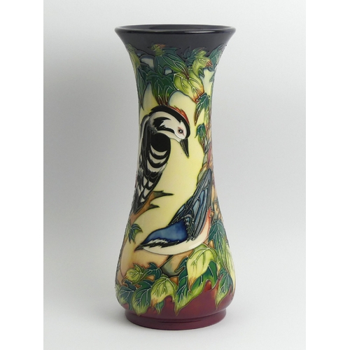 212 - Moorcroft 1st quality woodpecker design vase by Philip Gibson, 30cm. UK Postage £18.