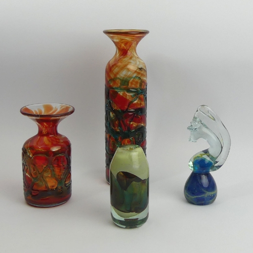 219 - Two Mdina strap work glass vases, a squat vase and a seahorse paperweight. UK Postage £16.