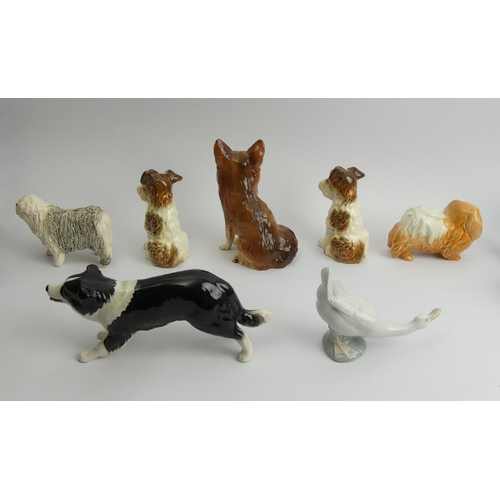 221 - Four Sylvac pottery dogs, a Coopercraft fox, a Nao duck and an old English sheep dog, fox 16cm. UK P... 