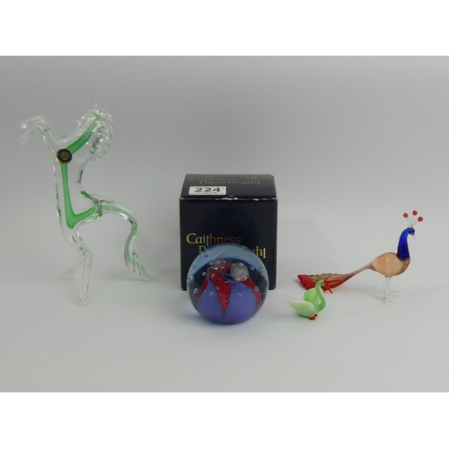 224 - A Murano glass rearing horse, a peacock and a swan along with a Caithness glass paperweight 